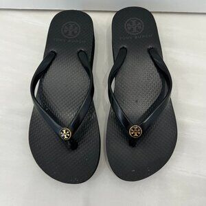 Tory Burch Wedge Thin Flip Flops Black Women's Size 5.5
